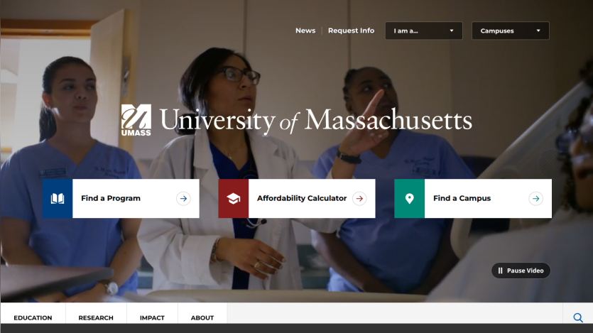 University of Massachusetts homepage with options to find a program, affordability calculator, and find a campus over a building background