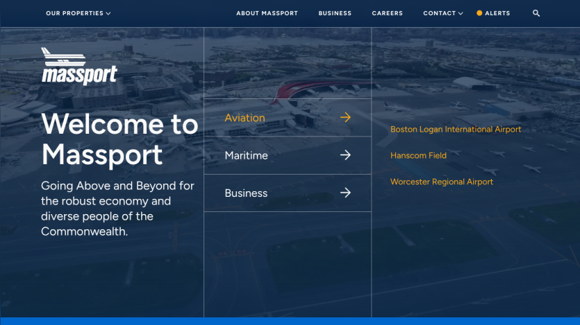 Homepage of Massport with welcome message and navigation options for Aviation, Maritime, and Business.