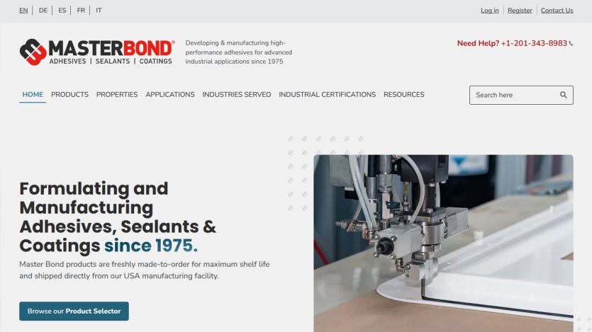 Homepage of Master Bond showing adhesive manufacturing since 1975 with product selector button and industrial machine image.