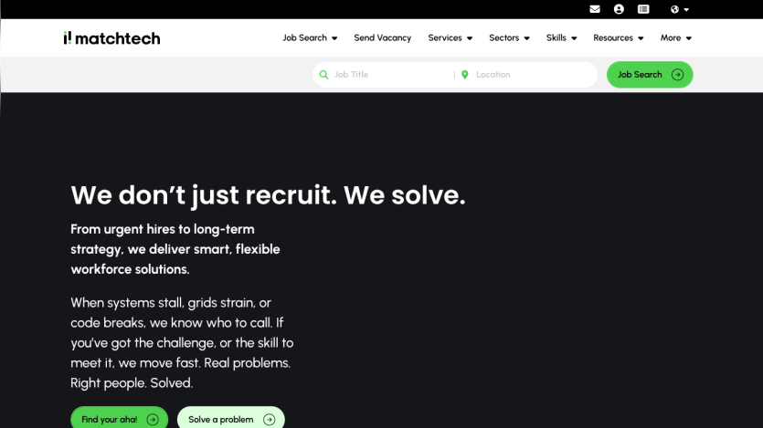 Matchtech recruitment site with headline about solving workforce challenges and buttons to find or solve problems