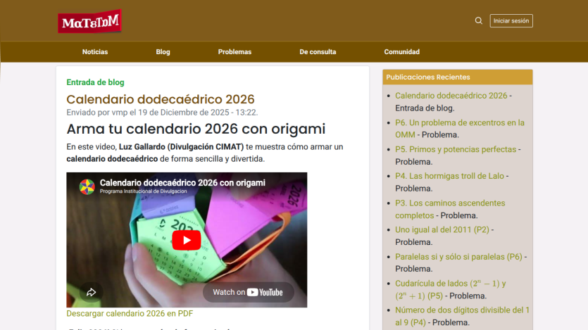 Blog post about creating a 2026 calendar with origami, featuring a video tutorial.