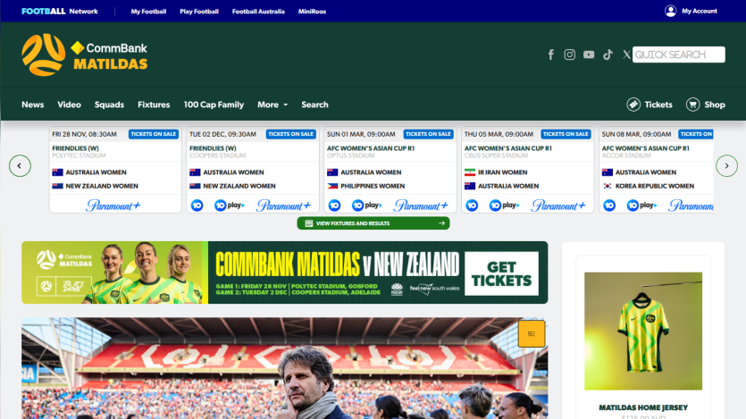 CommBank Matildas website showing upcoming fixtures, ticket sales, and a banner for Matildas vs New Zealand match