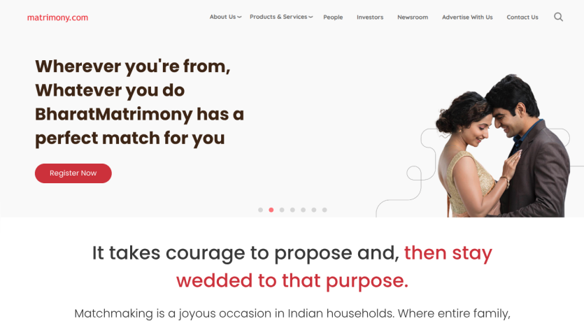 Dating site BharatMatrimony homepage with headline about perfect match and a couple image
