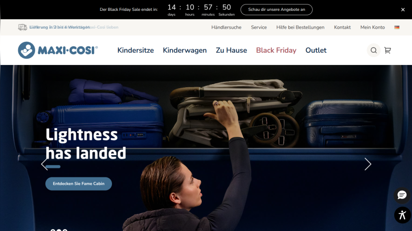 Maxi-Cosi website with Black Friday countdown and promotion for Fame Cabin stroller under overhead luggage compartment