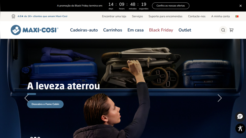 Maxi-Cosi website header with navigation and Black Friday countdown, showing a woman placing a stroller in overhead luggage compartment