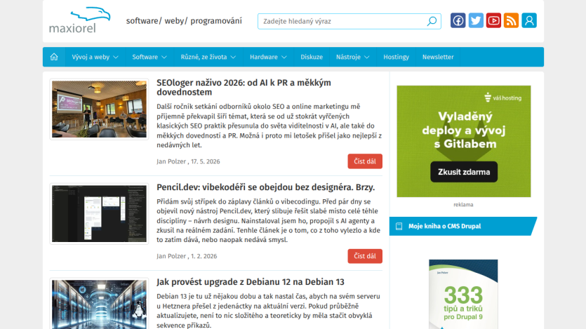 Homepage of Maxorel featuring articles on software and programming.