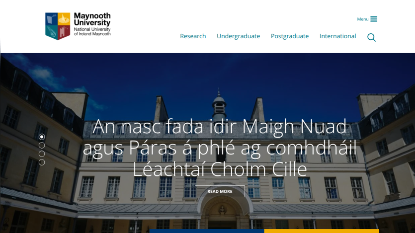 Homepage of Maynooth University featuring a building facade and navigation options.