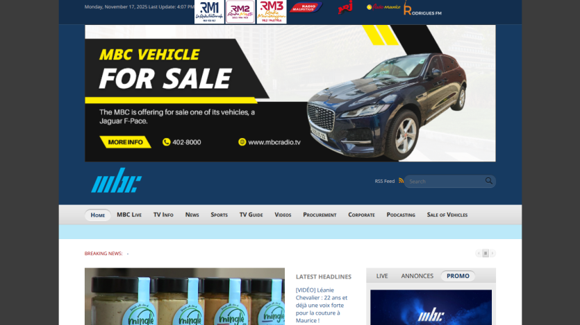 MBC website homepage featuring a Jaguar F-Pace vehicle for sale, navigation menu, and latest headlines section.