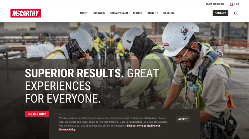 Construction workers in helmets with text promoting superior results and experiences.