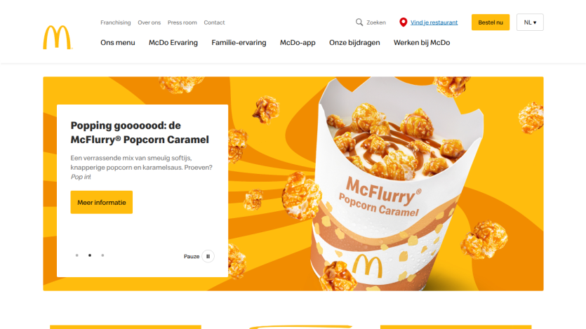Promotional banner for McFlurry® Popcorn Caramel with vibrant background.