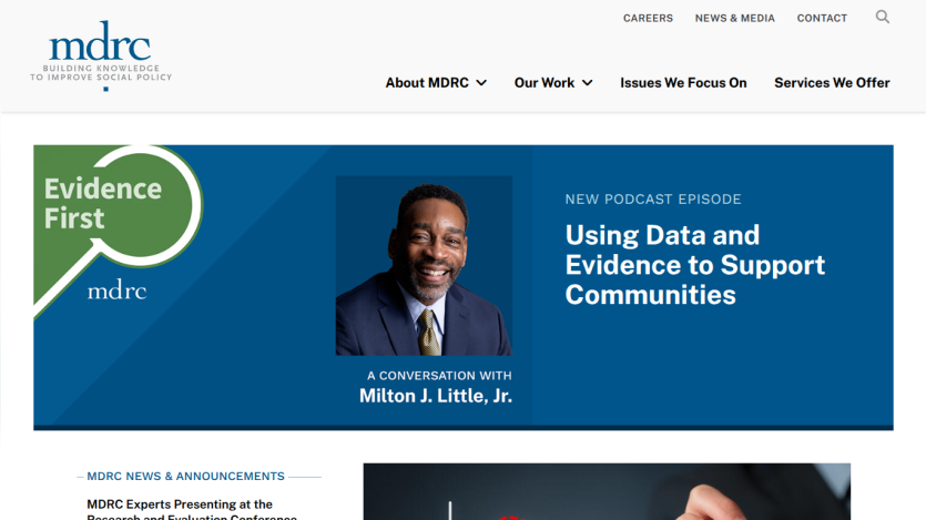 MDRC website featuring a podcast episode on data and evidence for communities.