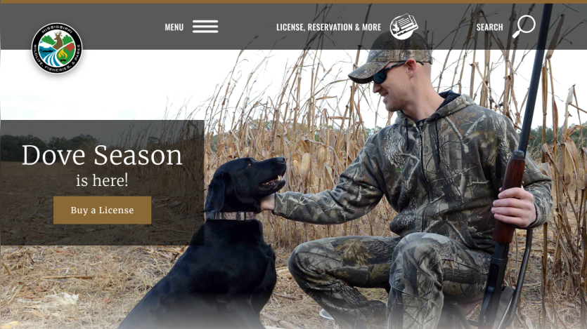 Dove season announcement with a hunter and dog in a field, featuring a call to action to buy a license.