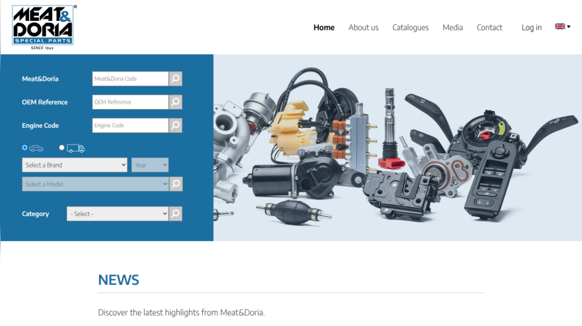 Search filters for automotive parts with featured images and news section.