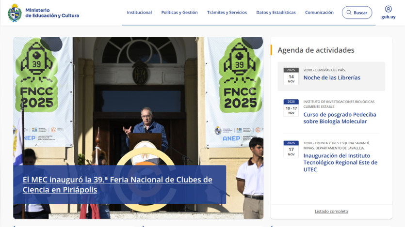 Ministerio de Educación y Cultura website showing inauguration of 39th National Science Clubs Fair and upcoming activities agenda.
