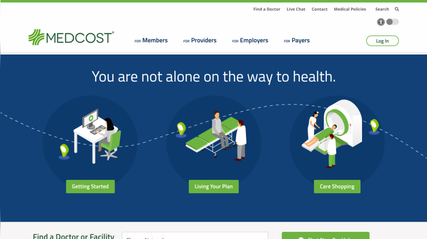 MedCost homepage with navigation and hero section offering Getting Started, Living Your Plan, and Care Shopping options