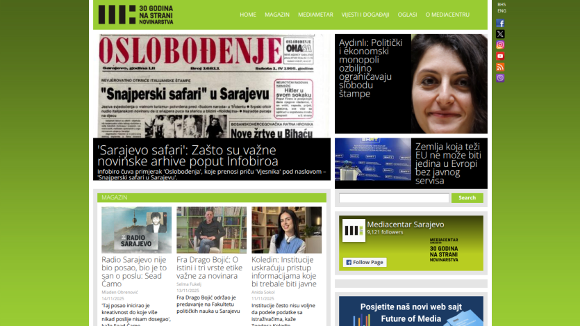 News website with headline about 'Sarajevo safari' and articles on political and media topics, plus navigation menu