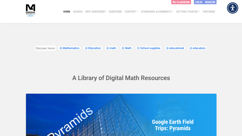 Media4Math Library homepage with navigation and hero section titled 'A Library of Digital Math Resources' featuring Google Earth Field Trips: Pyramids