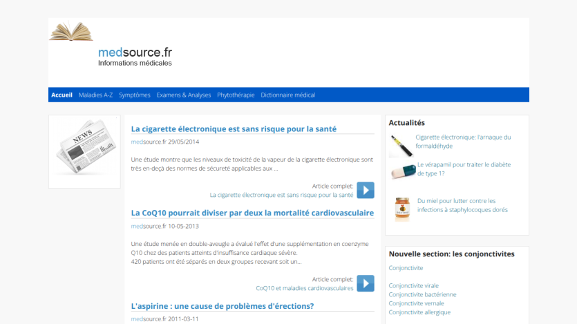 Homepage of Medisource with health information articles and navigation links.