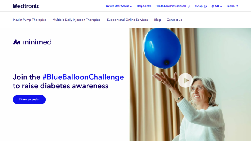 Medtronic Minimed campaign inviting to join the #BlueBalloonChallenge to raise diabetes awareness with a share button and image of woman with blue balloon