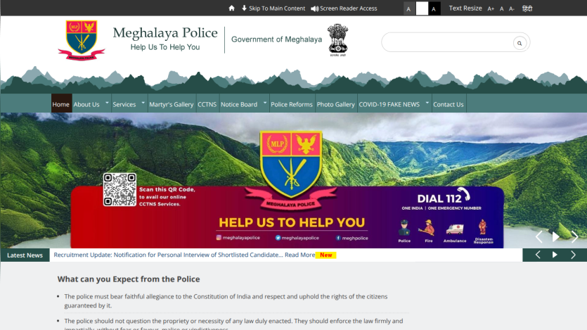 Meghalaya Police website homepage with navigation menu, hero banner promoting online CCTNS services, emergency dial 112 info, and latest news ticker.