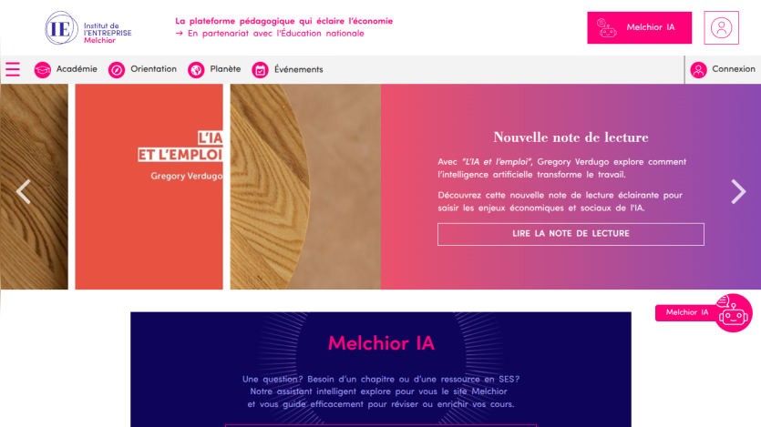 Institut de l'Entreprise Melchior educational platform homepage with navigation and featured article on AI and employment.
