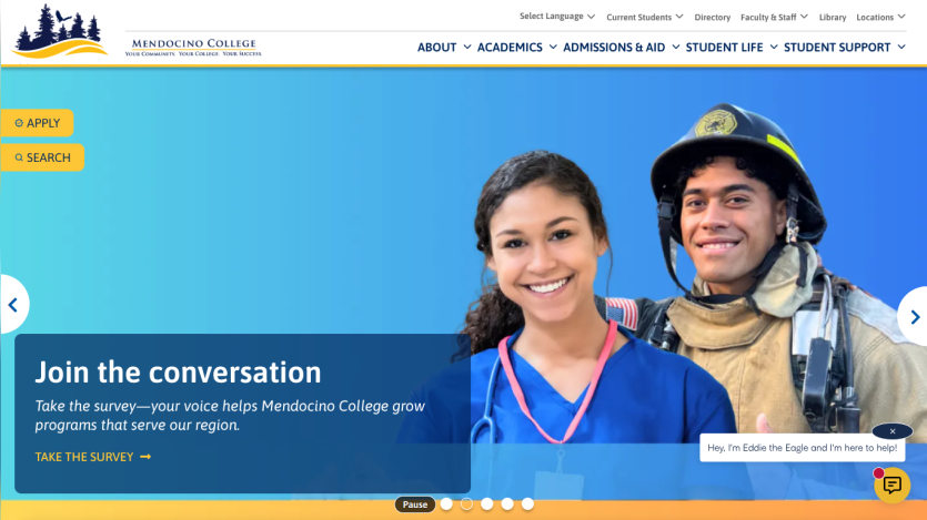 Mendocino College homepage with navigation, call to join survey, and images of smiling healthcare and firefighter students