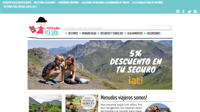 Homepage featuring a discount offer and travel-related images with children in a mountainous setting.