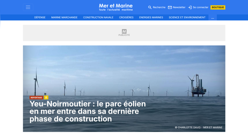 Article about the wind farm construction near Yeu-Noirmoutier with an image of wind turbines at sea.