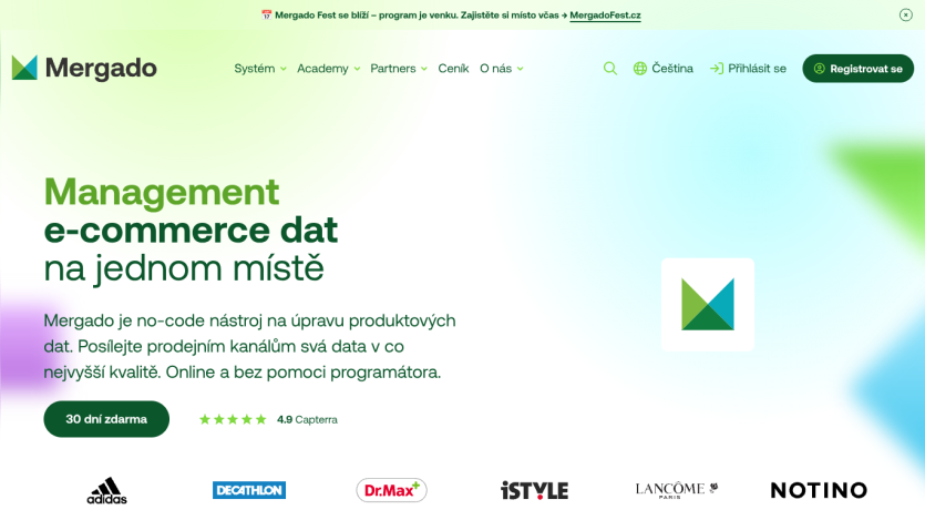 Homepage of Mergado showcasing e-commerce data management services.