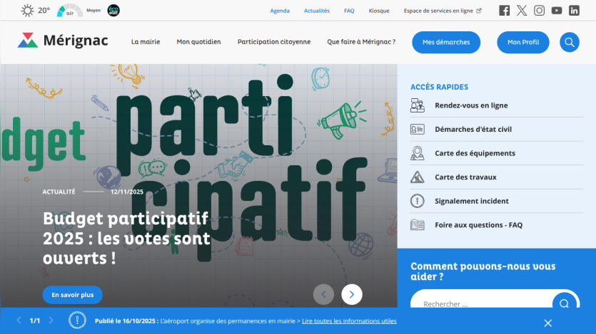 Mérignac city website with participatory budget 2025 voting announcement and quick access links