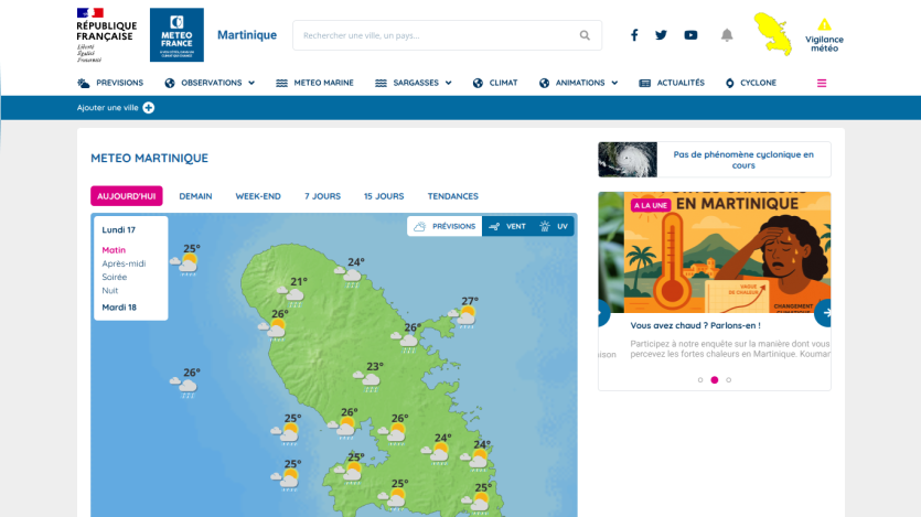 Weather forecast for Martinique showing temperatures and rain icons for Monday morning, with navigation and weather alerts