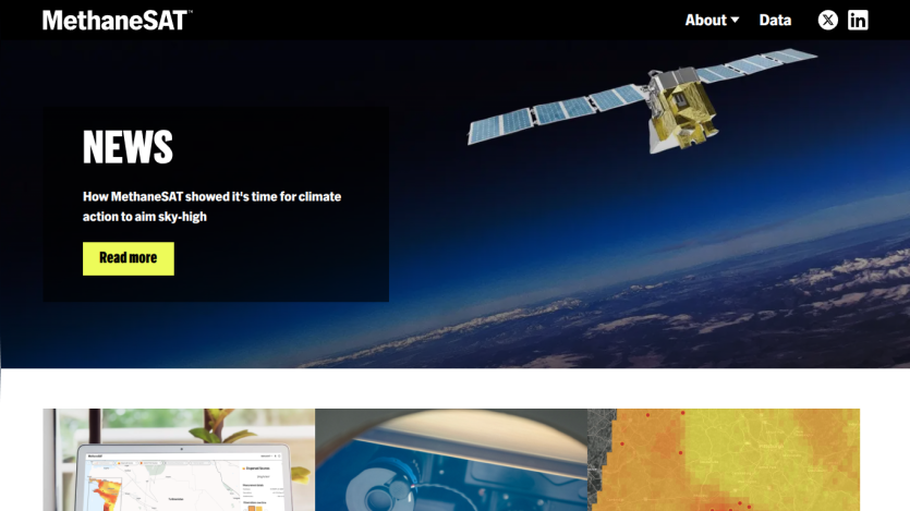 MethaneSAT website hero with news headline about climate action and satellite image over Earth