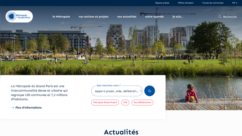 Homepage of Métropole du Grand Paris with a park scene, navigation menu, and search bar for projects and information