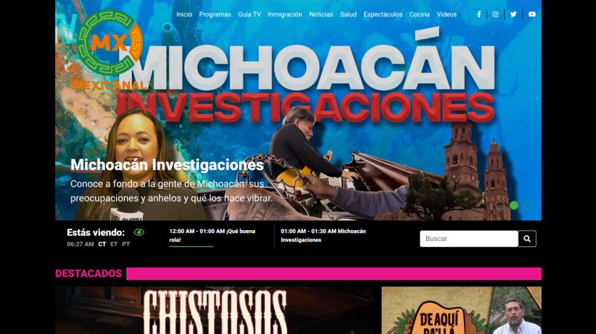 Homepage featuring a vibrant banner with the text '¿Qué buena rola?' and a presenter holding a microphone.