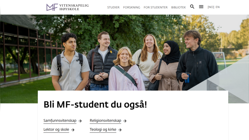 Homepage of Vitenskapelig Høyskole with navigation links and a welcoming message to become a student, featuring a group of smiling students outdoors
