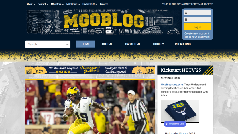 Homepage of MGoBlog featuring sports news and a player in action.