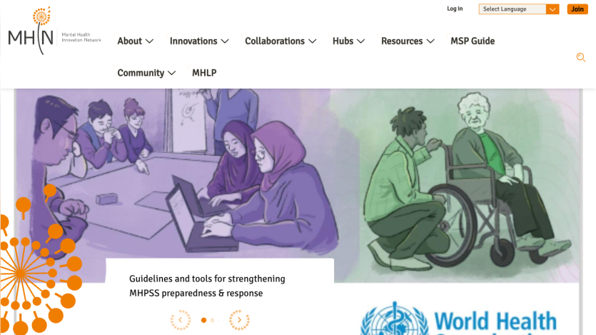 Mental Health Innovation Network homepage with navigation menu and hero section about MHPS preparedness and response guidelines