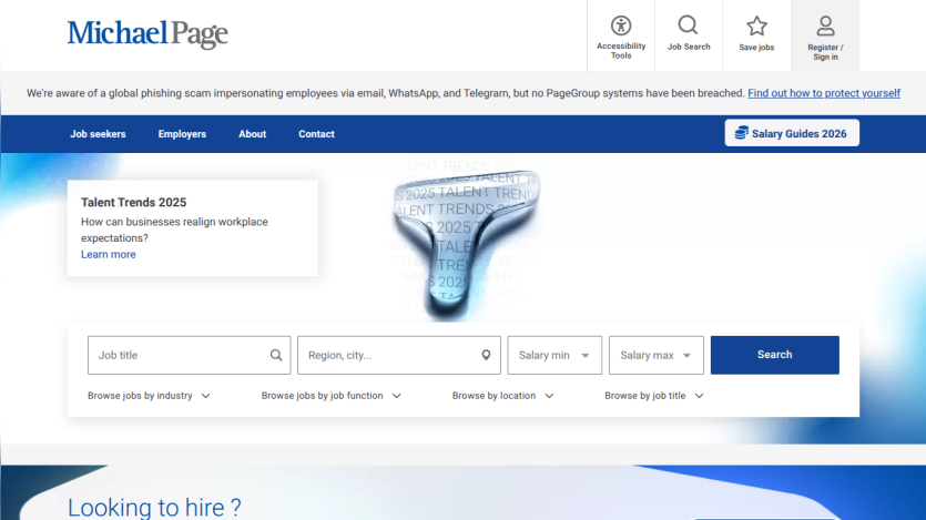 Michael Page job search site with Talent Trends 2025 info and job search form for title, location, and salary