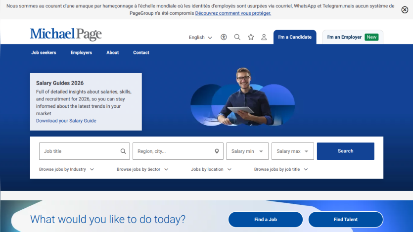 Job search interface with salary insights and options to find jobs or submit CVs.