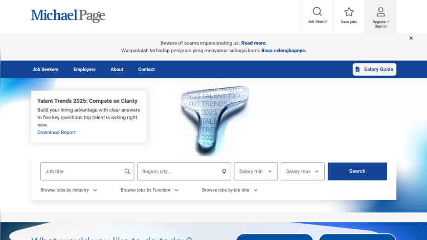 Michael Page job search site with navigation, scam warning, Talent Trends 2025 report, and job search form