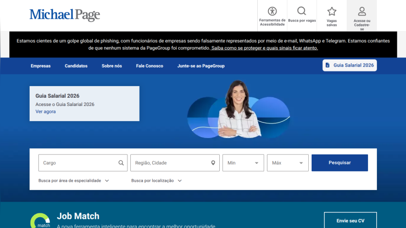 Michael Page job search homepage with salary guide 2026 and job match search form in Portuguese