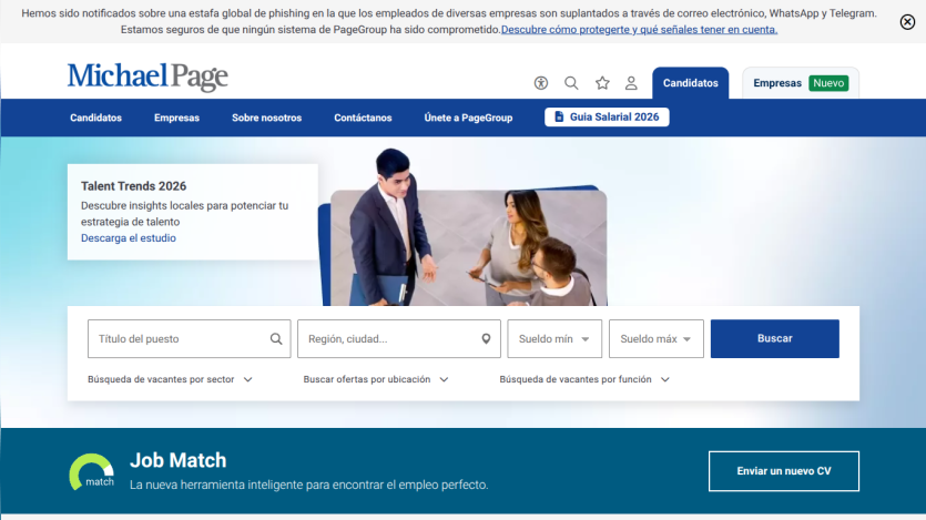 Job search page with search fields and options for location and category.