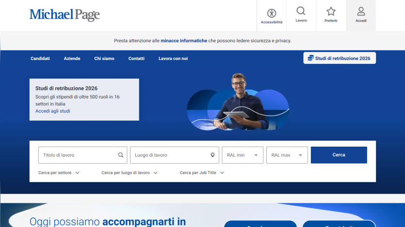 Michael Page job search homepage with salary studies info and job search form in Italian