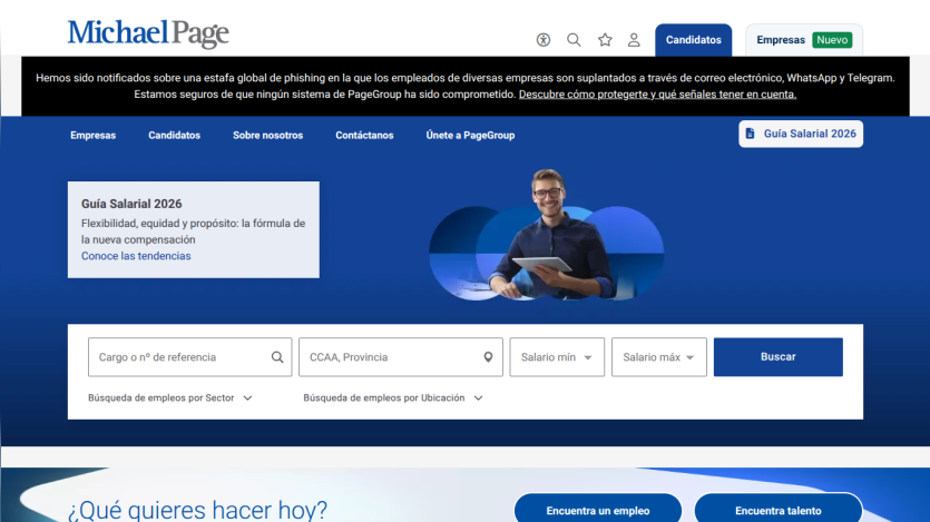 Homepage of Michael Page with search options for job candidates and a professional image.