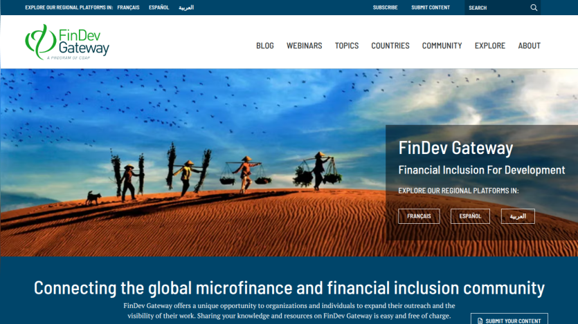 FinDev Gateway homepage connecting the global microfinance and financial inclusion community with regional platforms and content submission options