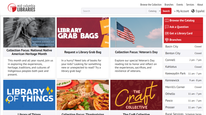 Mid-Columbia Libraries homepage featuring National Native American Heritage Month, library grab bags, Veteran's Day focus, and branch hours.