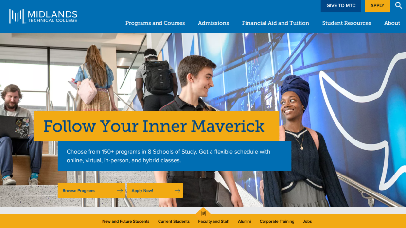 Homepage of Midlands Technical College featuring the slogan 'Follow Your Inner Maverick' and navigation options.