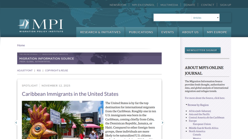 Migration Policy Institute homepage featuring spotlight article on Caribbean immigrants in the United States with navigation and newsletter signup