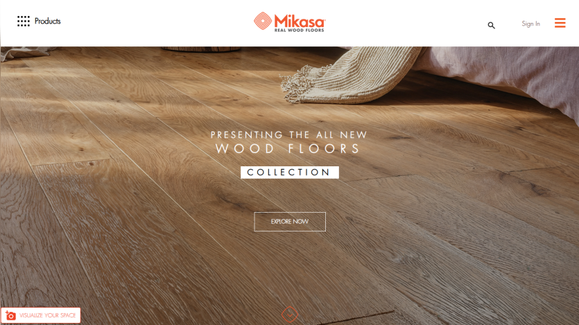 Wood flooring collection showcase with a call-to-action button.