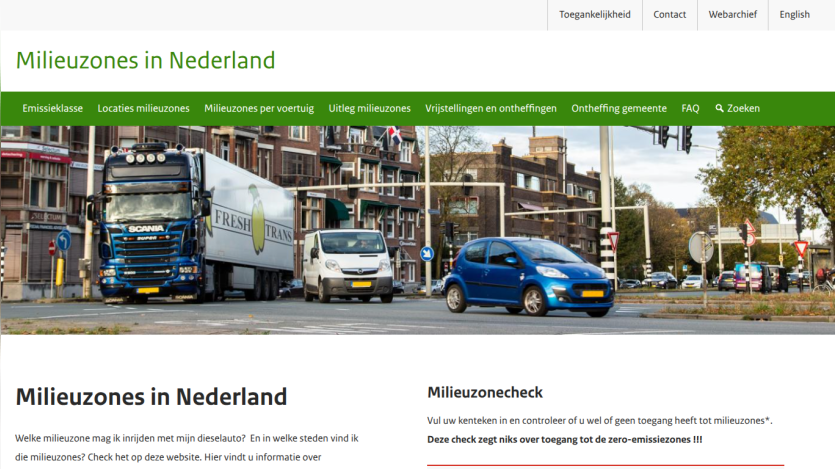 Website about environmental zones in the Netherlands with navigation and vehicle access check information